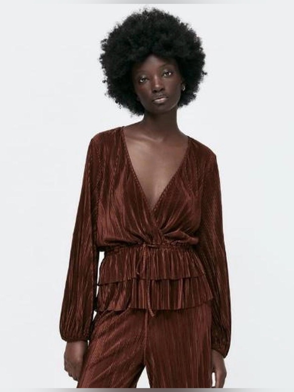 Zara Women’s Medium Brown Pleated Ruffle Peplum Wrap Blouse Long Sleeve